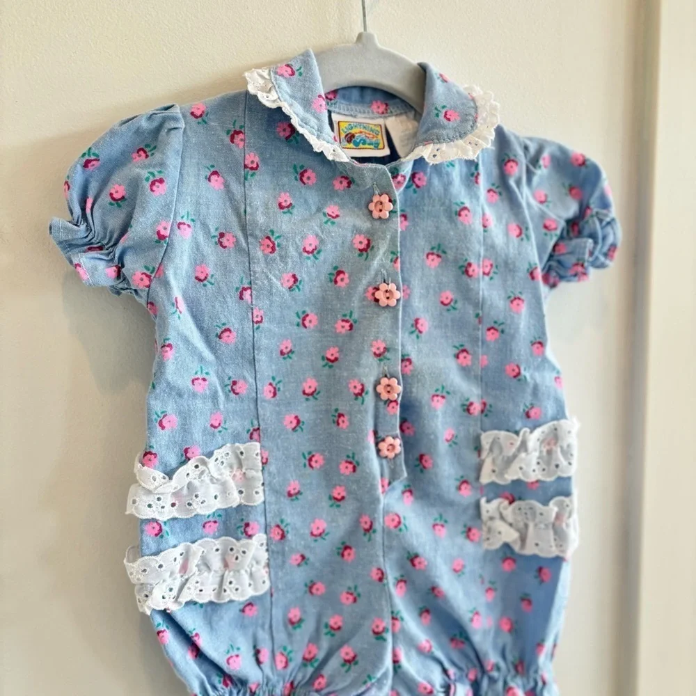 Vintage 80's Lightning Bug Baby Blue Dainty Floral Ruffle Girls Romper 6-9 month
